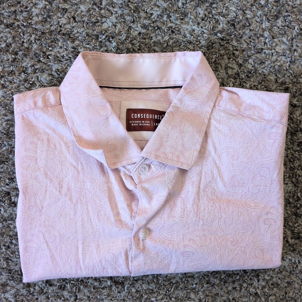 Consequence Mens Paisley Long Sleeve Button Up Shirt Large‎ Pink Woven
